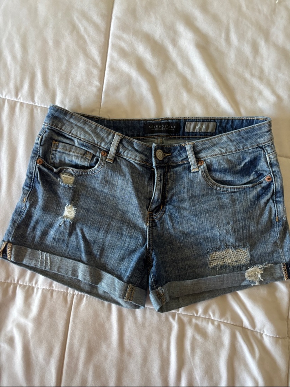 Aeropostale Women's Blue Distressed Rolled Hem Denim Shorts